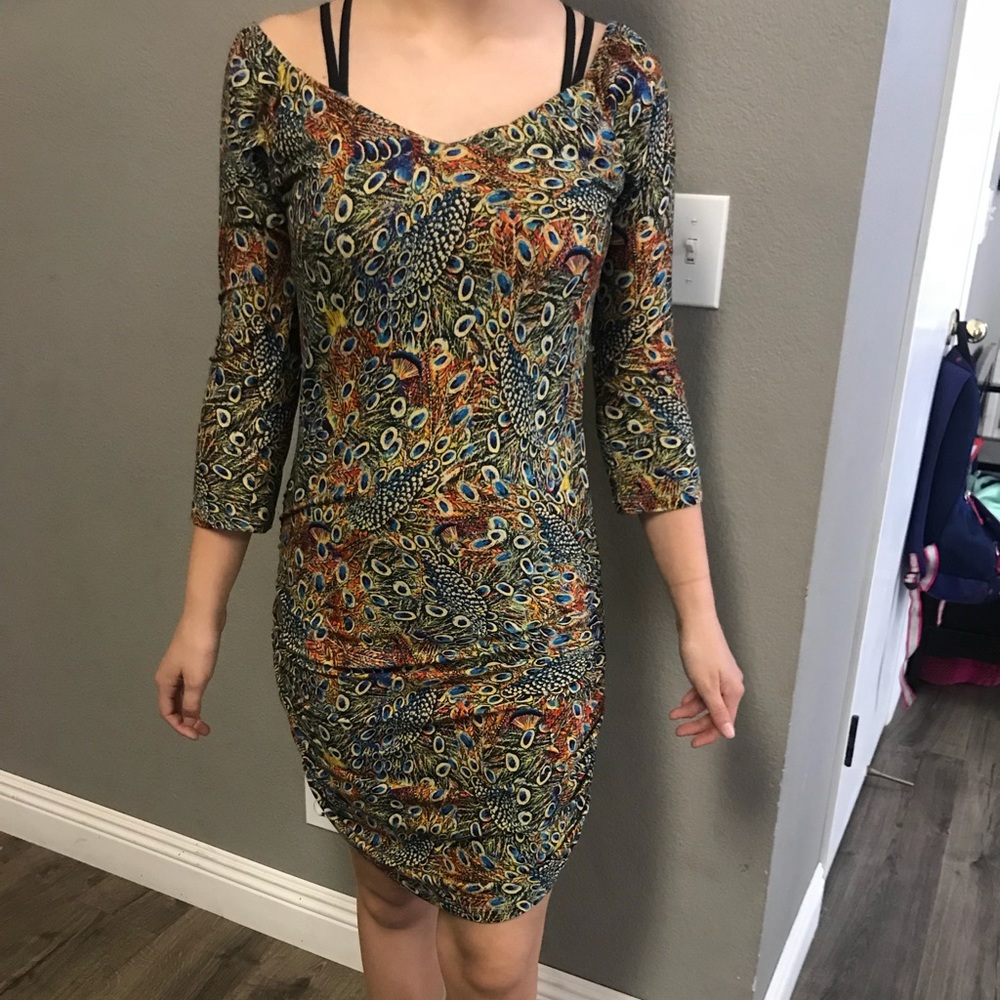 Peacock ruched midi dress